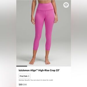 Lululemon Align HR Womens Crop Legging 23 Size 8 $88